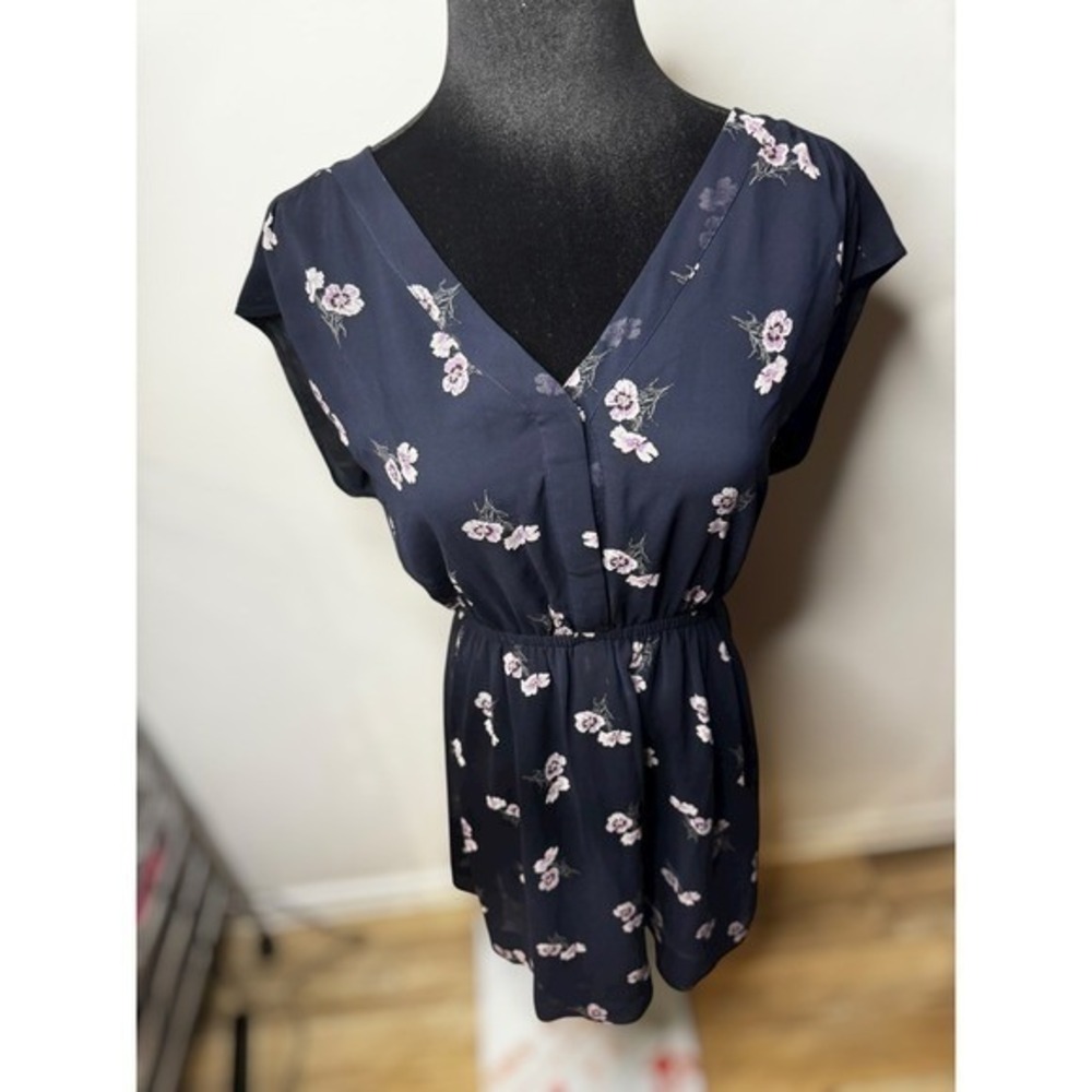 Madewell Navy Floral V Neck Elastic Waist‎ Cap Sleeve Feminine Mini Dress Size 4